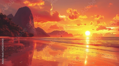 Beautiful sunset over the ocean with a mountain in the background
