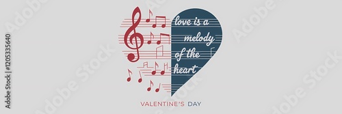 A creative minimalist Valentine's Day poster design with a music theme. There is a heart made of musical notes. The heart is divided into two halves, each with a different color photo