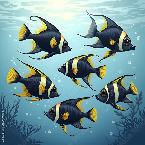 An illustration of Moorish idol fish, showcasing vibrant colors, underwater scenes, and detailed aquatic life in vector art style photo