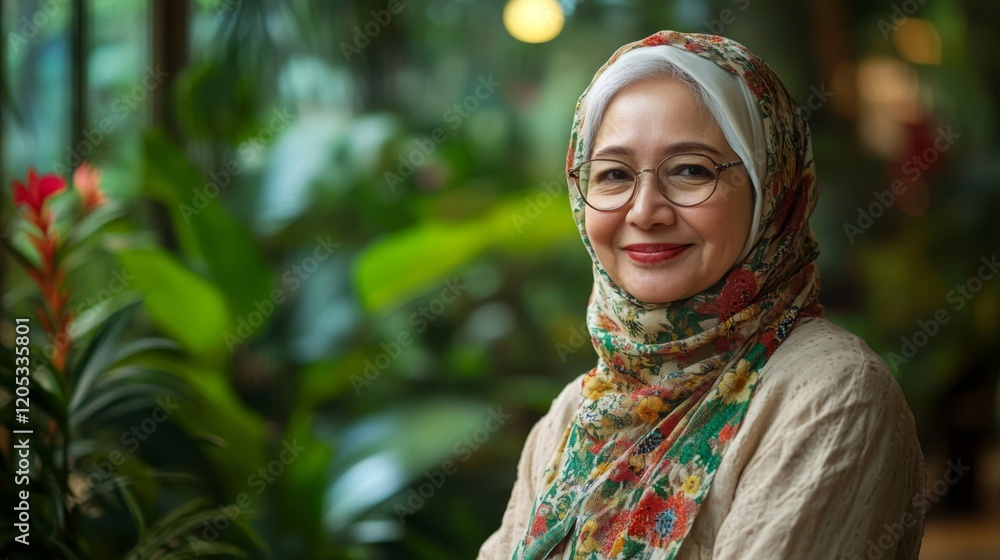 Elderly Woman Wearing Floral Hijab Smiling Gently Elderly Woman Wearing Floral Hijab Smiling Gently