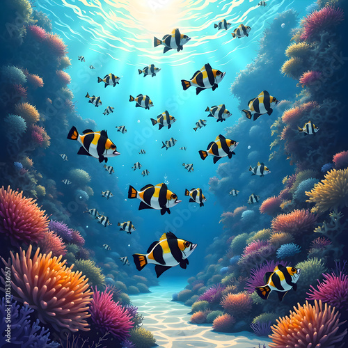 An illustration of Moorish idol fish, showcasing vibrant colors, underwater scenes, and detailed aquatic life in vector art style photo