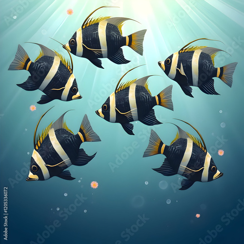 An illustration of Moorish idol fish, showcasing vibrant colors, underwater scenes, and detailed aquatic life in vector art style photo