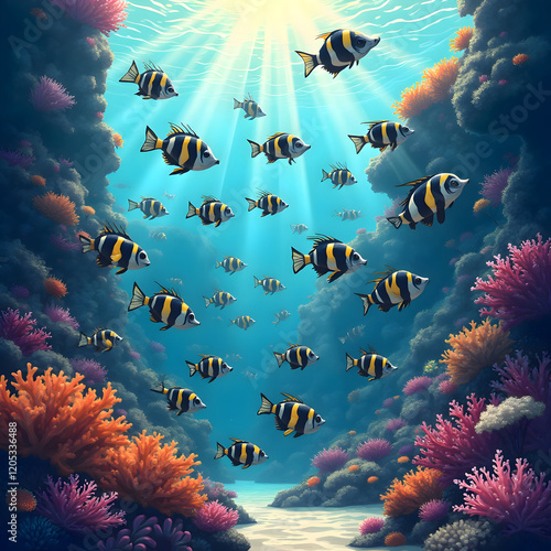 An illustration of Moorish idol fish, showcasing vibrant colors, underwater scenes, and detailed aquatic life in vector art style photo