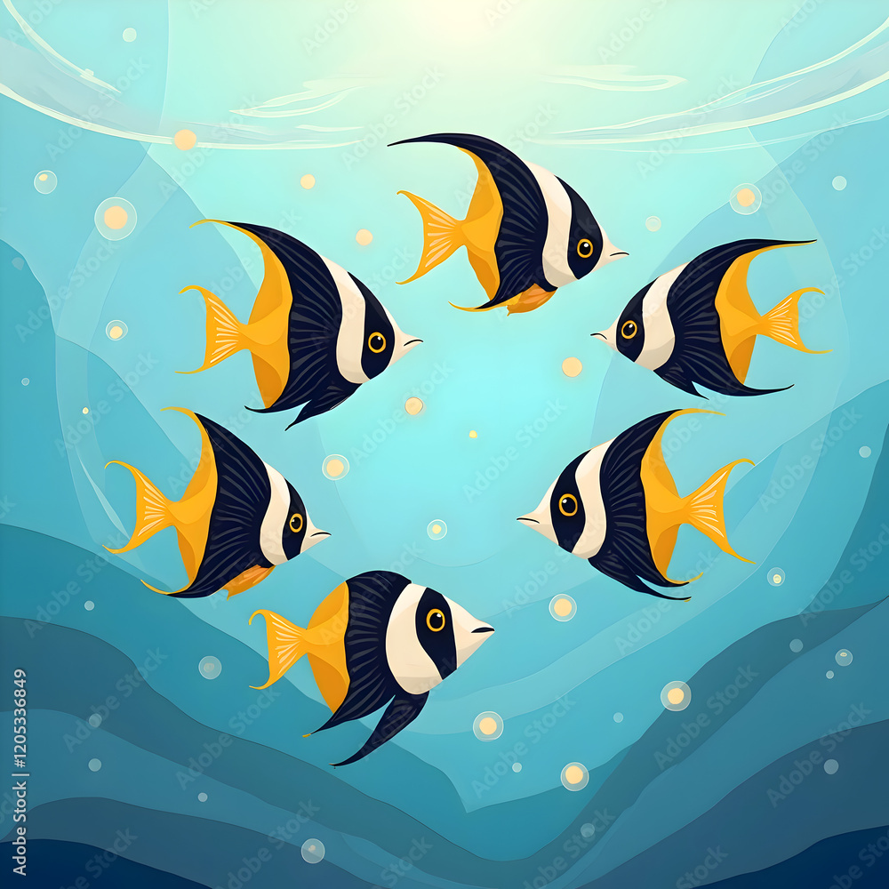 Naklejka premium An illustration of Moorish idol fish, showcasing vibrant colors, underwater scenes, and detailed aquatic life in vector art style