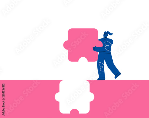 Woman standing with holding puzzle in hands putting in jigsaw. Colorful vector illustration