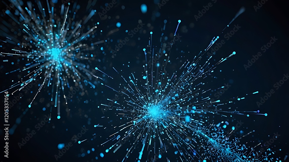 Abstract representation of particles or energy bursts in blue against a dark background. Abstract representation of particles or energy bursts in blue against a dark background.