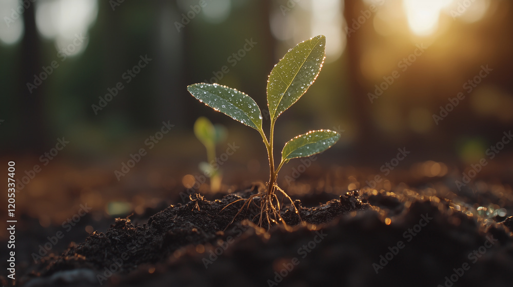 Close-up of delicate young plants sprouting from rich, textured soil with dew on their leaves. Roots spread beneath, and soft morning light bathes the scene. Close-up of delicate young plants sprouting from rich, textured soil with dew on their leaves. Roots spread beneath, and soft morning light bathes the scene.