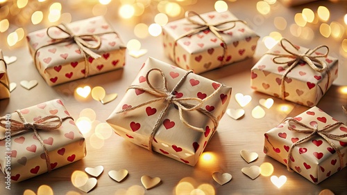 Romantic Valentine's Day gift boxes, a bokeh-blurred top view, hearts scattered, a perfect romantic present.