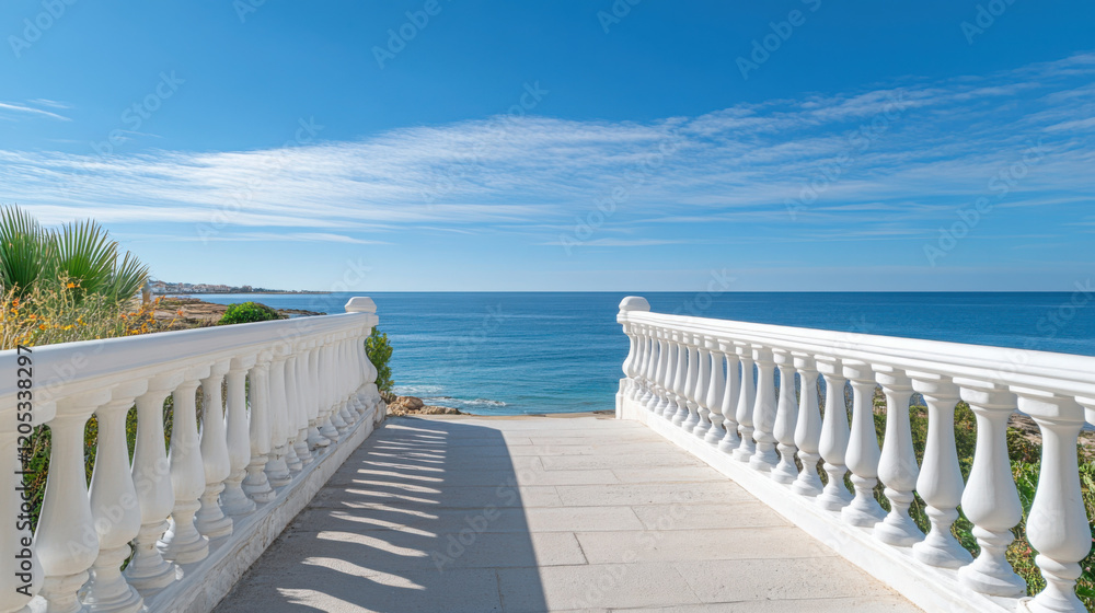Scenic coastal view with white balustrade and ocean horizon Scenic coastal view with white balustrade and ocean horizon