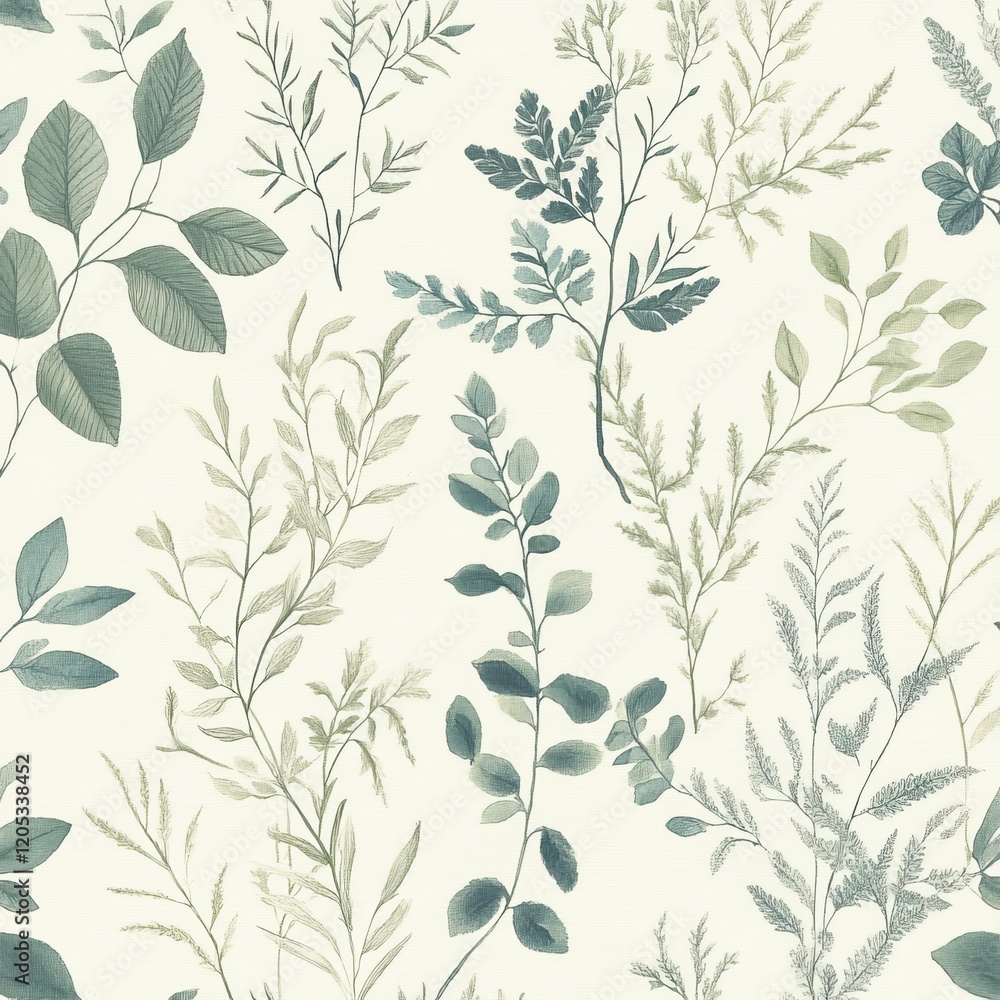 Elegant watercolor botanical pattern featuring eucalyptus and fern leaves in soft green blue tones Elegant watercolor botanical pattern featuring eucalyptus and fern leaves in soft green blue tones