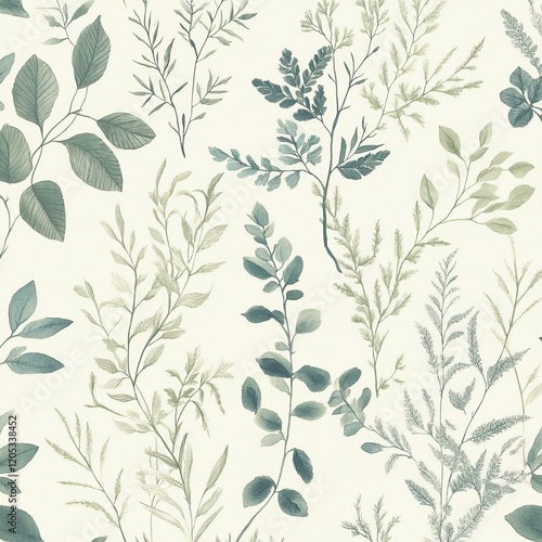 Elegant watercolor botanical pattern featuring eucalyptus and fern leaves in soft green blue tones