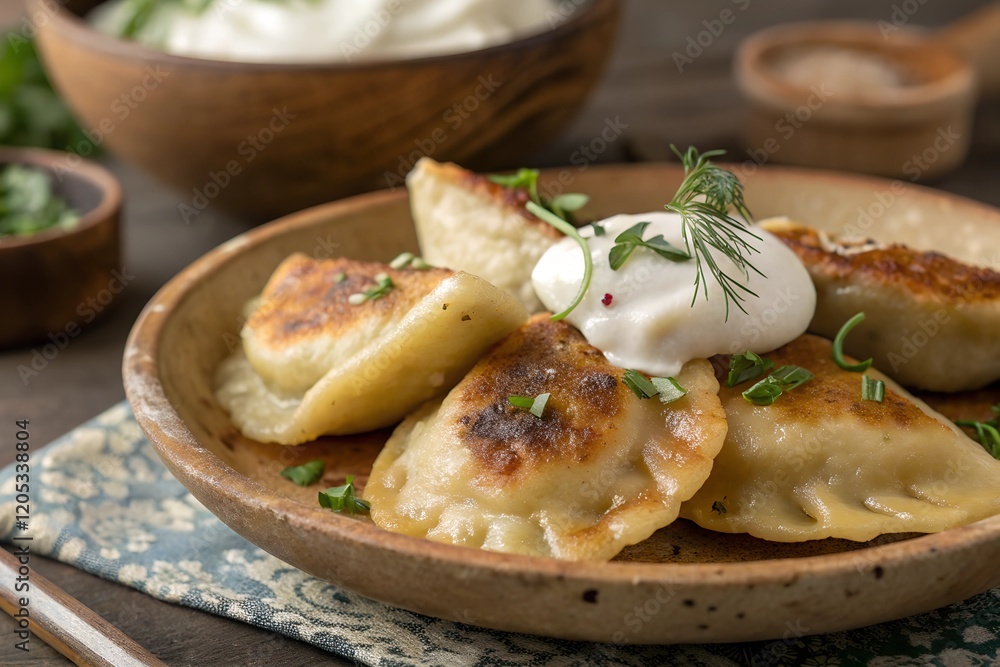 Close-up of golden fried dumplings with a dollop of sour cream on a rustic plate, garnished with herbs Close-up of golden fried dumplings with a dollop of sour cream on a rustic plate, garnished with herbs