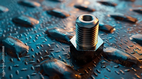 A photo of a bolt with a hex nut on a metallic