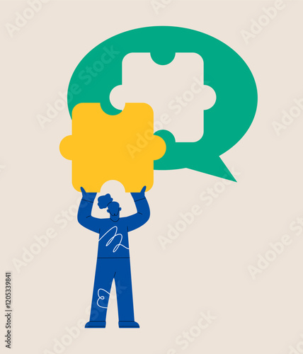 Woman standing with back holding puzzle in hands putting in jigsaw in speech bubble. Colorful vector illustration