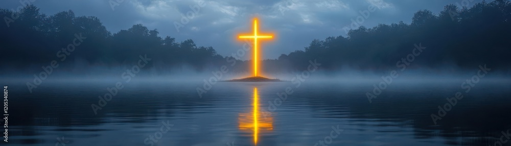 Create a serene, glowing cross atop a calm lake, enveloped in mist, radiating heavenly light; mystical and enchanting, digital art Create a serene, glowing cross atop a calm lake, enveloped in mist, radiating heavenly light; mystical and enchanting, digital art