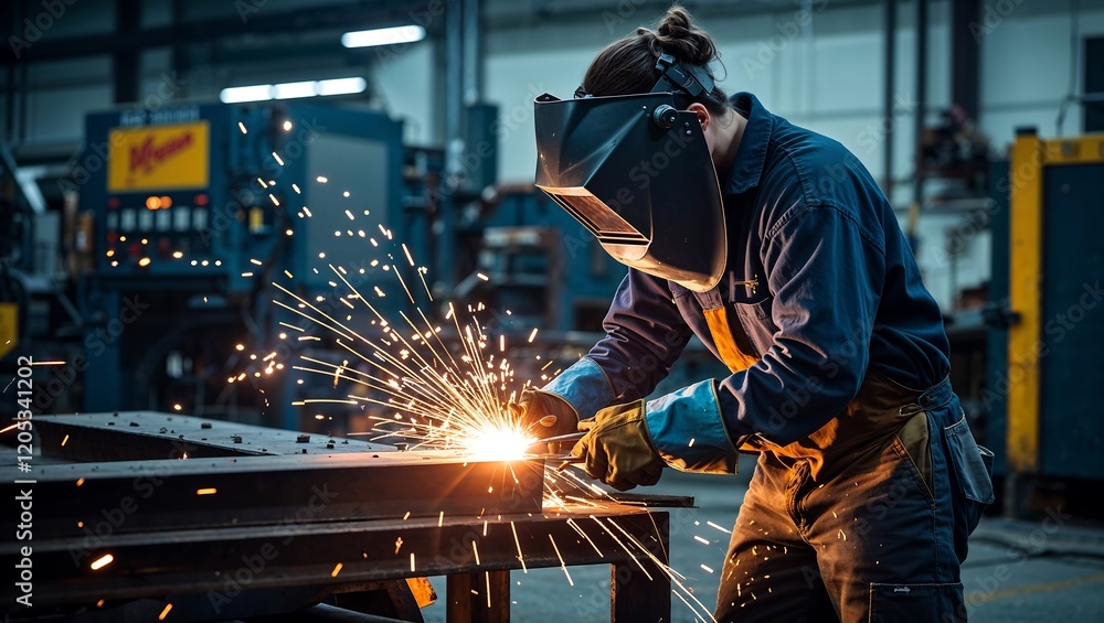 Skilled Welder Wearing Protective Gear as Sparks Fly in a Professional Workshop Setting Skilled Welder Wearing Protective Gear as Sparks Fly in a Professional Workshop Setting