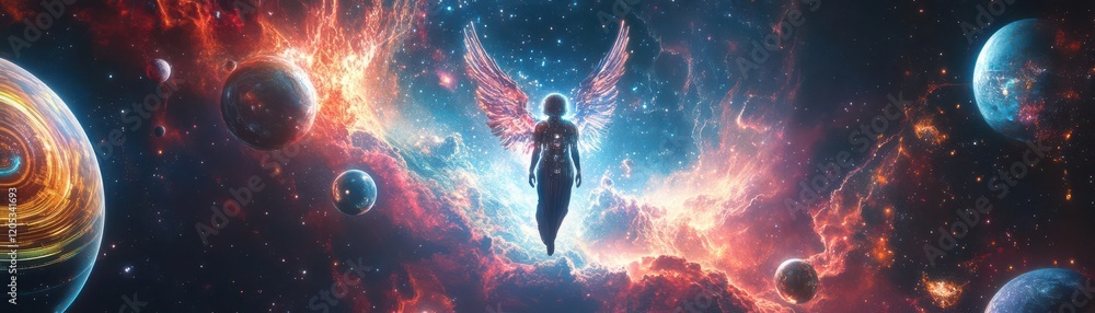 Design a futuristic guardian angel floating amidst a vibrant galaxy of holographic planets Design a futuristic guardian angel floating amidst a vibrant galaxy of holographic planets