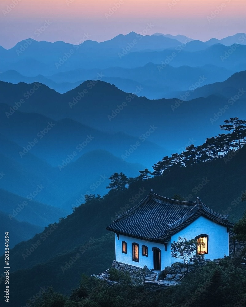 Fototapeta premium ancient white-walled house with two small chimneys and lights on inside.