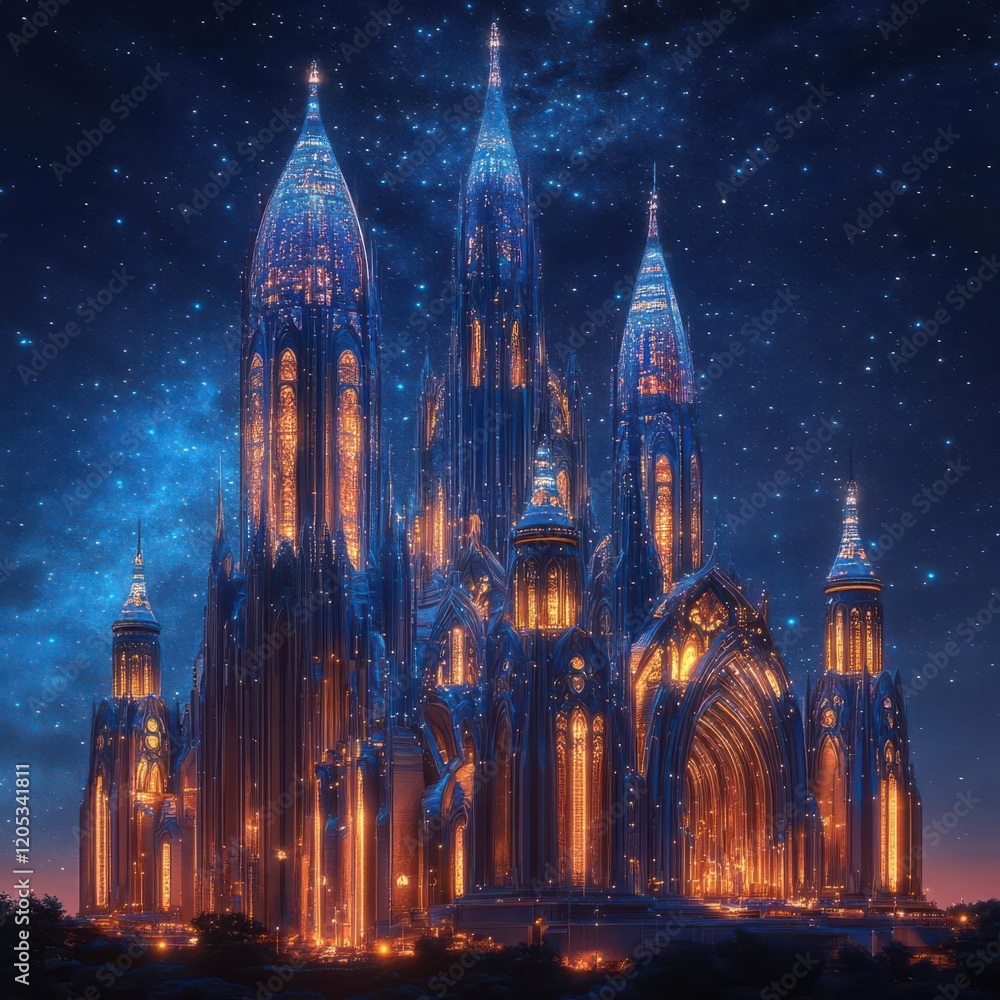 Obraz premium Design a grand cathedral with holographic spires under a starry night