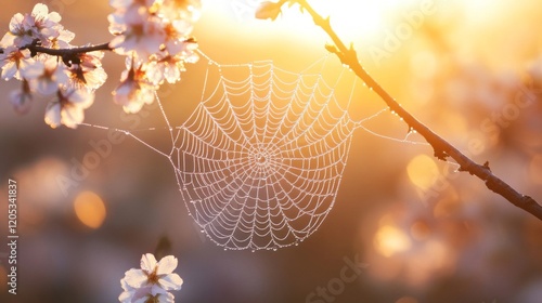 Dewdrops adorn a spiderweb among blooming almond blossoms