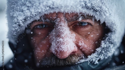 A close-up shot of a person's head and shoulders wearing a snow-covered hat photo