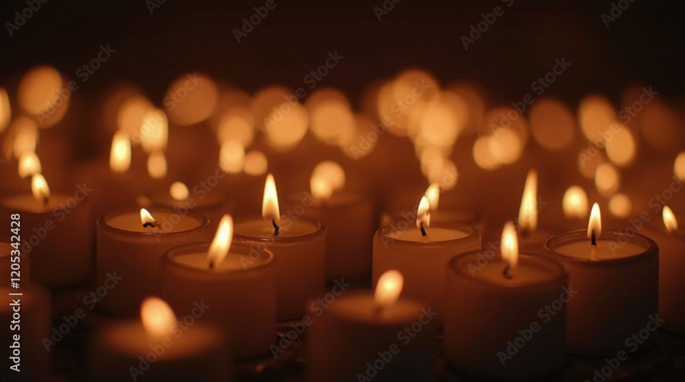 Many Lit Burning Candles in Dark, Holocaust Remembrance Day, Memorial or Tribute, Jewish Victims Many Lit Burning Candles in Dark, Holocaust Remembrance Day, Memorial or Tribute, Jewish Victims