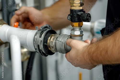 Professional plumber installing mini slimline energy system for modern wall mounted gas boiler