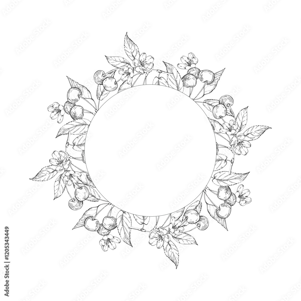 Cherry vector black and white wreath hand drawn with ink. Round frame with leaves, berries of cherry on a white background. Template for label design Cherry vector black and white wreath hand drawn with ink. Round frame with leaves, berries of cherry on a white background. Template for label design