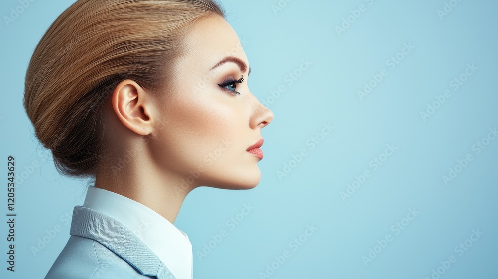 Naklejka premium Profile view of a businesswoman in a light blue suit against a pastel blue background.