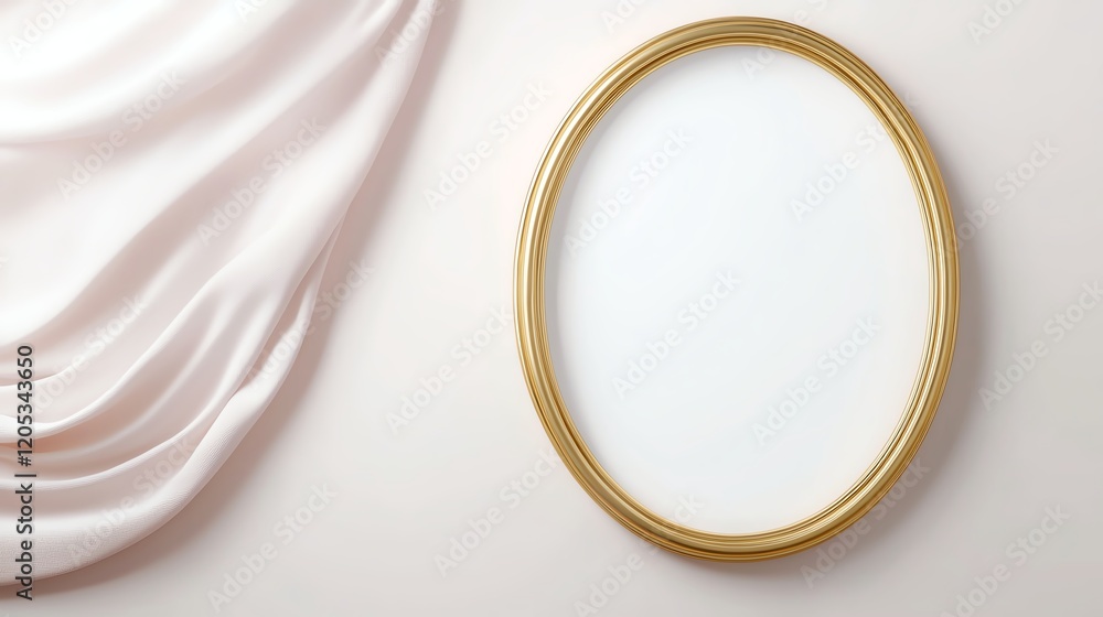 Elegant golden oval mirror on a soft pastel draped fabric background, creating a luxurious and refined home decor aesthetic. Elegant golden oval mirror on a soft pastel draped fabric background, creating a luxurious and refined home decor aesthetic.
