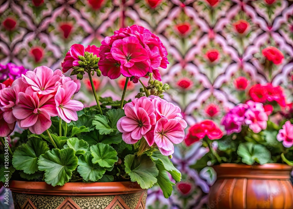 Vibrant pink geraniums bloom close-up, a captivating floral background in urban photography. Vibrant pink geraniums bloom close-up, a captivating floral background in urban photography.