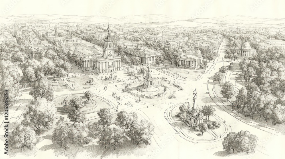 Fototapeta premium Pencil sketch, city center, park, monuments, roads.