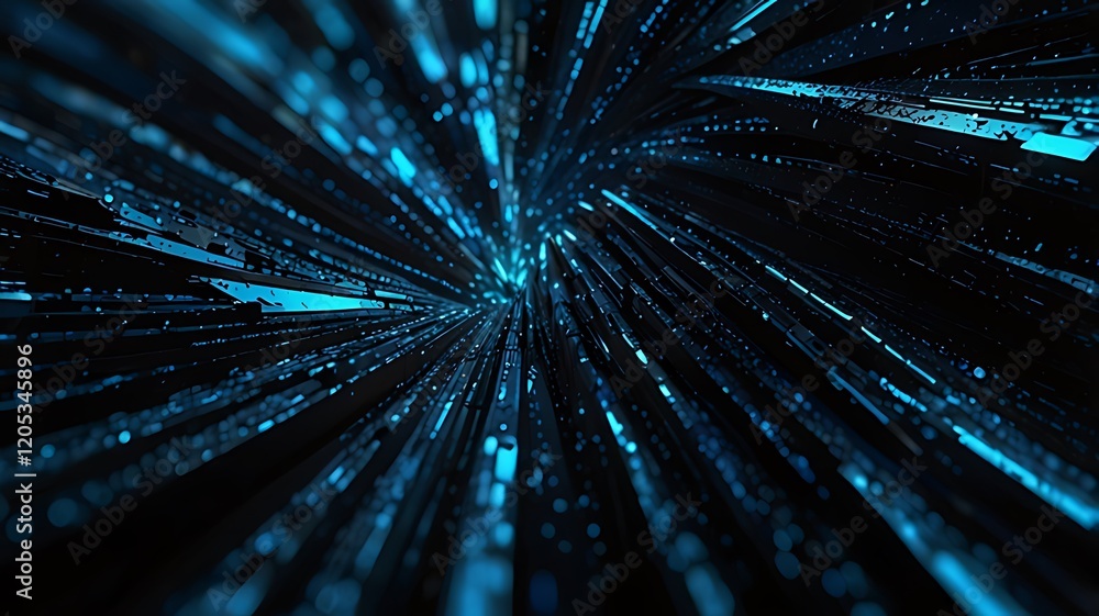 Fototapeta premium Abstract digital art depicting a dynamic flow of blue light particles in a dark space.