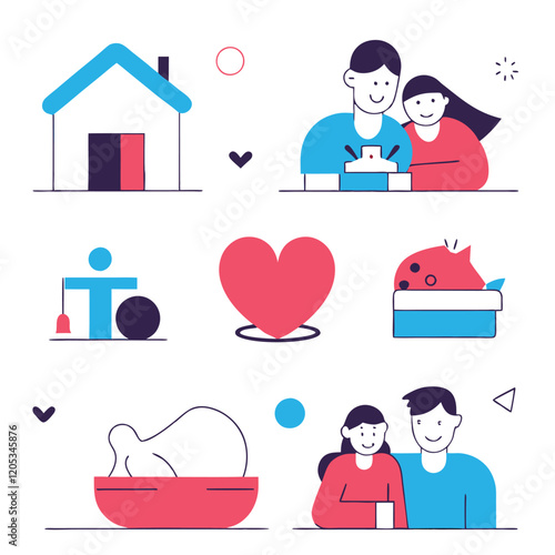 Happy Family Home Icons: Colorful Flat Design Set for Web and Print UI UX kid baby love house heart 