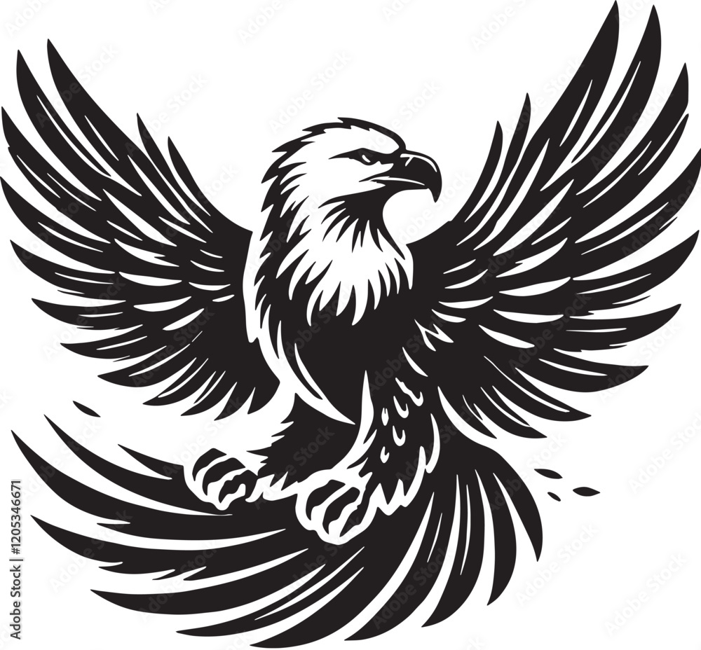 Fototapeta premium Black Color Bald Eagle Silhouette Vector Illustration, Solid White Background. minimal vector design