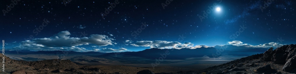 A starry night sky with scattered clouds and moonlight illuminating a serene mountainous landscape A starry night sky with scattered clouds and moonlight illuminating a serene mountainous landscape