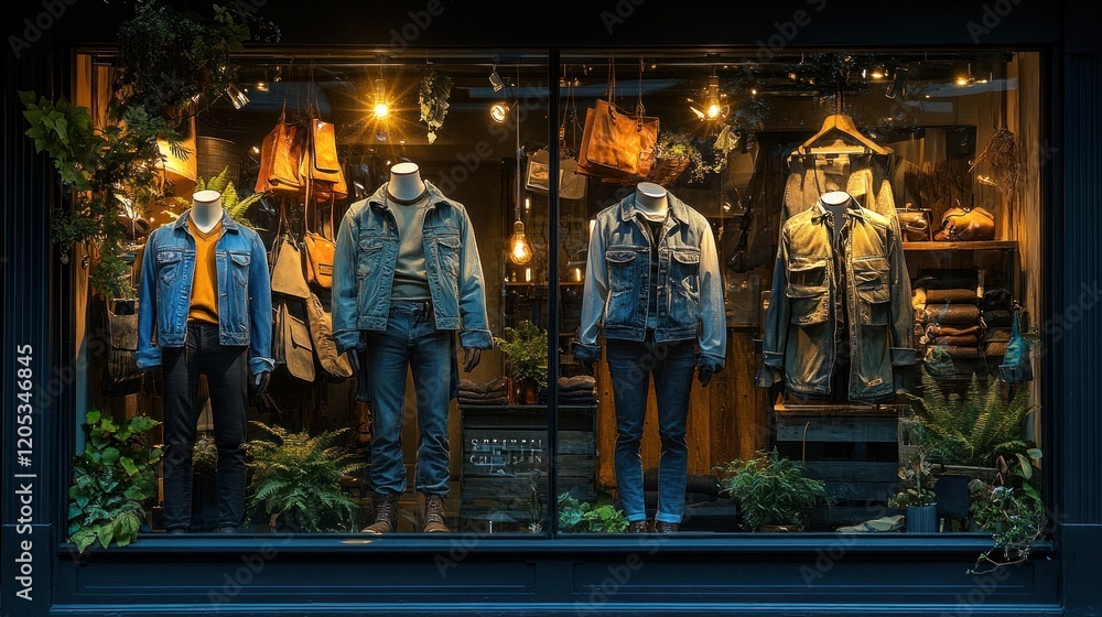 Obraz premium Nighttime storefront; denim, jackets, display