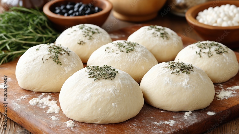 Freshly prepared dough balls with herbs on wooden surface, perfect for baking in cozy kitchen setting Freshly prepared dough balls with herbs on wooden surface, perfect for baking in cozy kitchen setting