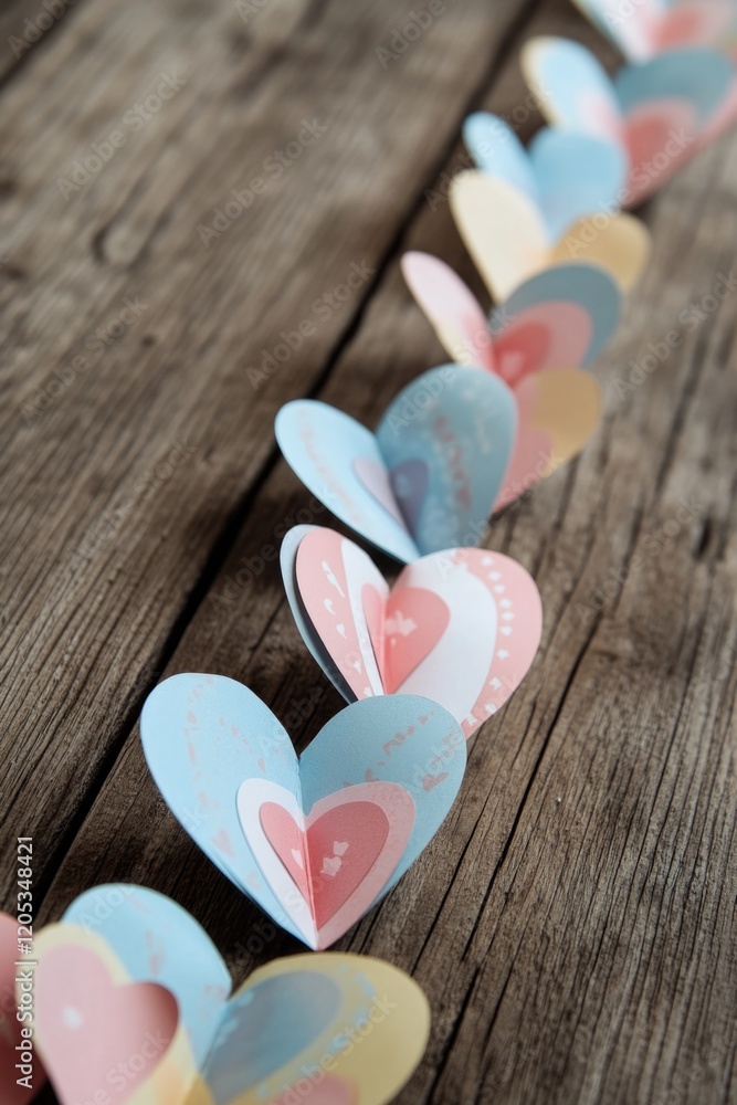 Fototapeta premium A collection of colorful paper hearts placed on a wooden table, perfect for romantic gestures or decorative purposes