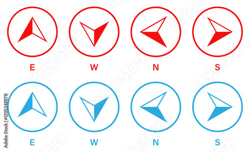 Set of compass vector icons in red and blue circle isolated on a white background. East, west, north, south. Map direction e, w, n, s. Outline style. Flat design. Vector illustration.