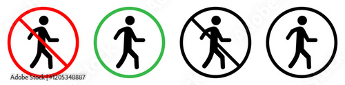 No walking person area vector icon set. Prohibition sign symbol. No walking area for crossing road sign symbol. No entry for person. Flat design. Vector illustration.