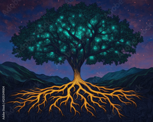 A vibrant tree glows in shades of blue and green against a twilight sky, with intricate roots spreading wide across a mountainous landscape. photo