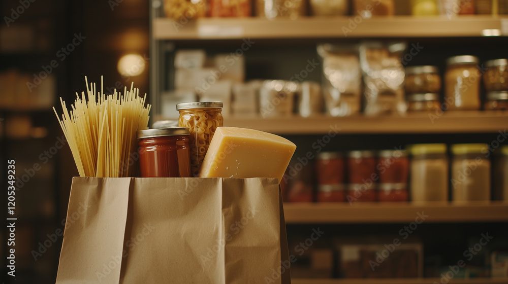 A medium shot of a paper bag containing a selection of essentials like pasta, canned tomatoes, and a block of cheese. The shelves in the background are simple and subtly blurred wi A medium shot of a paper bag containing a selection of essentials like pasta, canned tomatoes, and a block of cheese. The shelves in the background are simple and subtly blurred wi