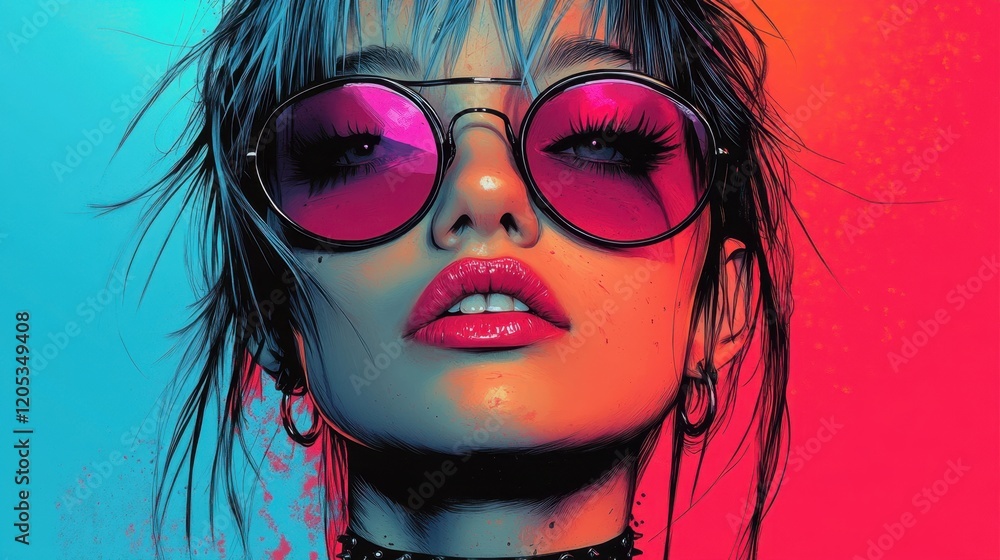Fototapeta premium Vibrant portrait of a stylish woman wearing bold pink sunglasses
