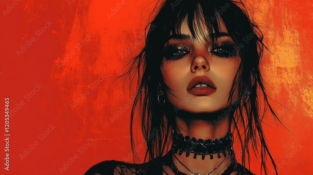 Obraz premium Bold portrait of a confident young woman with a fiery red backdrop