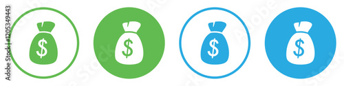 Set of Money bag icons. Money bag with dollar icon. Dollar money bag vector icons set in green and blue circle isolated. Silhouette and line icons. Flat style. Vector illustration.