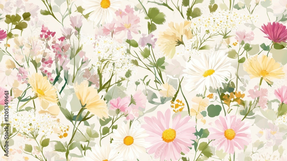 Fototapeta premium Delicate Wildflower Seamless Pattern, intricate design of Queen Anne's lace and clover, perfect for textiles and wallpapers, vibrant colors and fine details