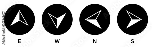 East, west, north, south compass icon. Map direction. Set of compass vector icons in black circle isolated on a white background. Silhouette and flat style. Vector illustration.