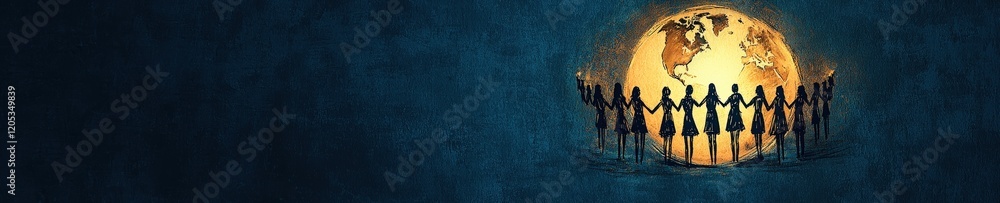 Women forming a glowing chain of unity around the Earth Women forming a glowing chain of unity around the Earth