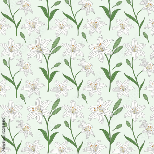 Colorful Floral Pattern with Leaves. Cute Small Lilies on Seamless Background. Lily Flower Pattern.